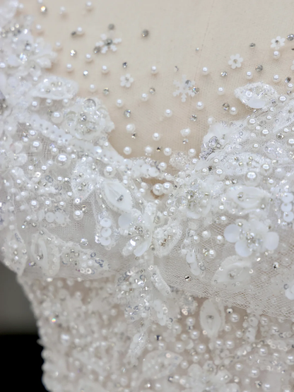 Princess Bridal Gown Ball Gown Scoop Satin White Beads Wedding Dresses With Sleeves Bridal Gowns DP823