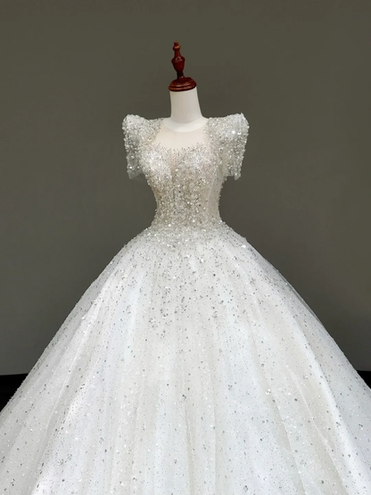 Princess Bridal Gown Ball Gown Scoop Sequin White Beads Wedding Dresses With Sleeves Bridal Gowns DP824