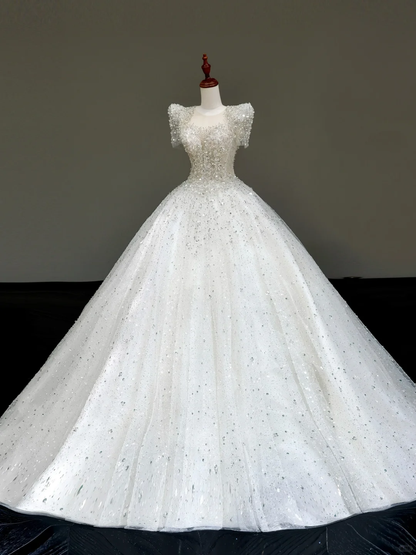 Princess Bridal Gown Ball Gown Scoop Sequin White Beads Wedding Dresses With Sleeves Bridal Gowns DP824