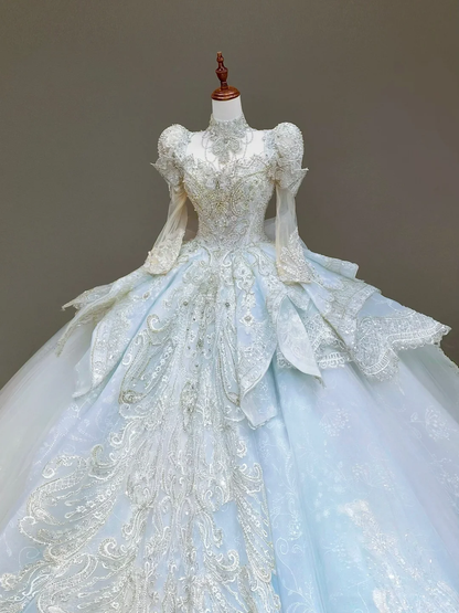 Princess Bridal Gown Ball Gown High Neckline Blue Sequin Beads Wedding Dresses Winter Bridal Gowns DP837