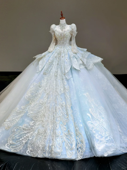Princess Bridal Gown Ball Gown High Neckline Blue Sequin Beads Wedding Dresses Winter Bridal Gowns DP837