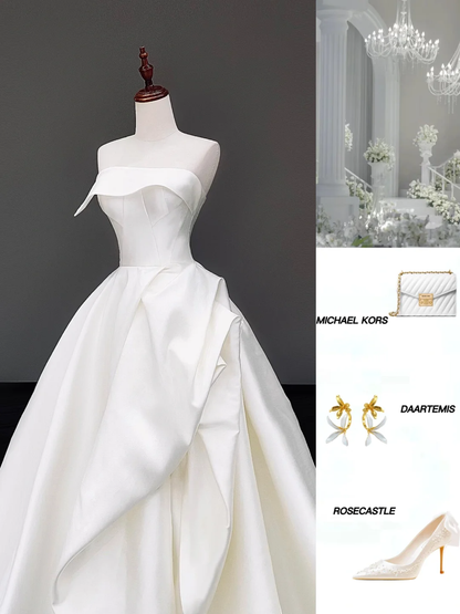 Timeless Bridal Gown Ball Gown Strapless White Satin Wedding Dresses Bridal Gowns DP831