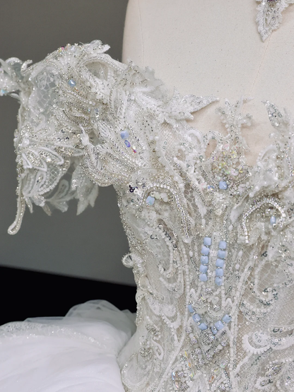 Classy Elegant Ball Gown Off The Shoulder Sequin White Short Sleeves Wedding Dress Brides Dress DP832