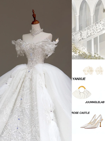 Classy Elegant Ball Gown Off The Shoulder Sequin White Short Sleeves Wedding Dress Brides Dress DP832