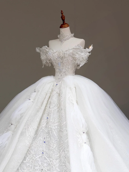 Classy Elegant Ball Gown Off The Shoulder Sequin White Short Sleeves Wedding Dress Brides Dress DP832