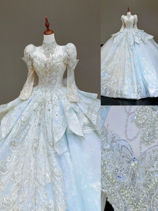 Princess Bridal Gown Ball Gown High Neckline Blue Sequin Beads Wedding Dresses Winter Bridal Gowns DP837