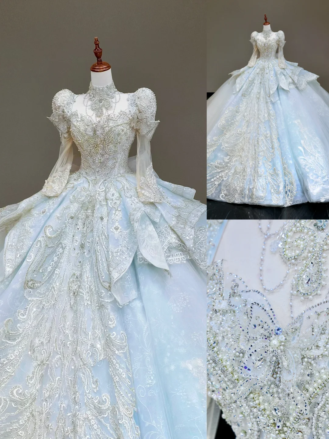 Princess Bridal Gown Ball Gown High Neckline Blue Sequin Beads Wedding Dresses Winter Bridal Gowns DP837