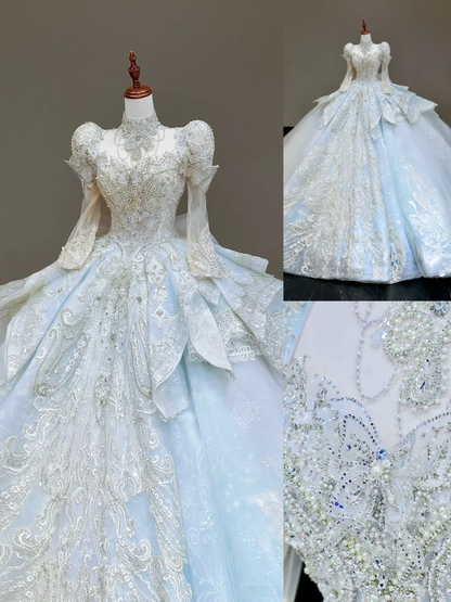 Princess Bridal Gown Ball Gown High Neckline Blue Sequin Beads Wedding Dresses Winter Bridal Gowns DP837