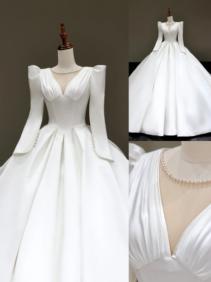 Princess Bridal Gown Ball Gown Scoop Satin White Pearls Wedding Dresses Bridal Gowns DP840