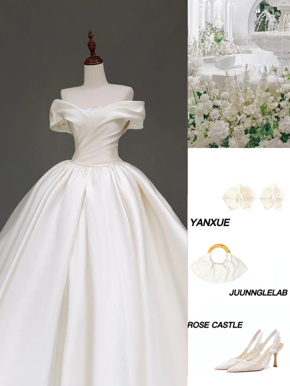 Classy Elegant Ball Gown Off The Shoulder White Short Sleeves Satin Wedding Dress Brides Dress DP841