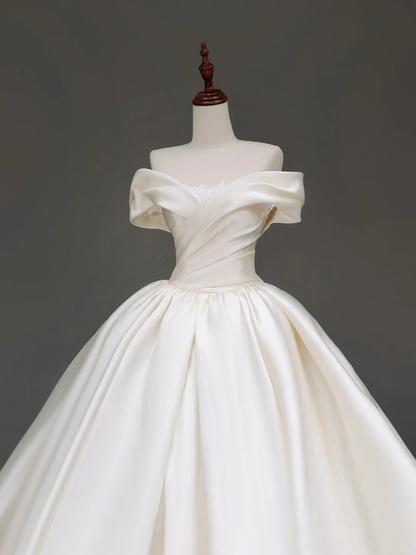Classy Elegant Ball Gown Off The Shoulder White Short Sleeves Satin Wedding Dress Brides Dress DP841
