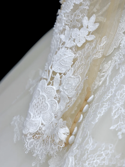 Unique Bridal Gown Ball Gown V Neckline Long Sleeves White Lace Wedding Dresses Bridal Gowns DP843