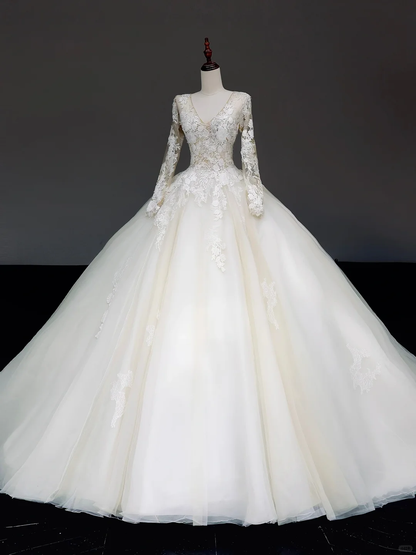 Unique Bridal Gown Ball Gown V Neckline Long Sleeves White Lace Wedding Dresses Bridal Gowns DP843