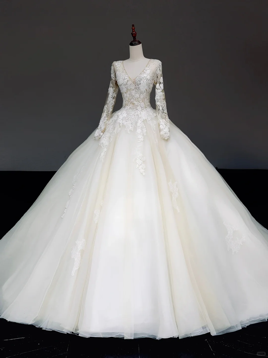 Unique Bridal Gown Ball Gown V Neckline Long Sleeves White Lace Wedding Dresses Bridal Gowns DP843