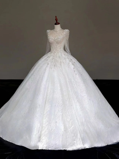 Princess Bridal Gown Ball Gown High Neckline White Sequin Beads Wedding Dresses Winter Bridal Gowns DP871