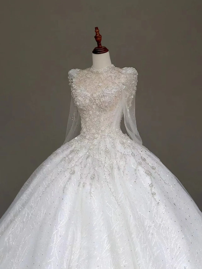 Princess Bridal Gown Ball Gown High Neckline White Sequin Beads Wedding Dresses Winter Bridal Gowns DP871