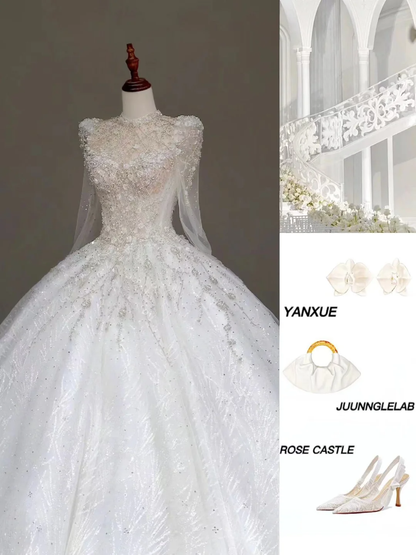 Princess Bridal Gown Ball Gown High Neckline White Sequin Beads Wedding Dresses Winter Bridal Gowns DP847