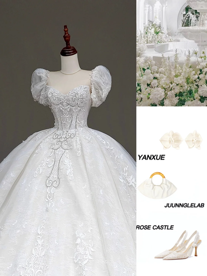 Princess Bridal Gown Ball Gown Sweetheart Lace White Beads Wedding Dresses With Sleeves Bridal Gowns DP848