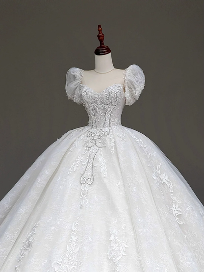 Princess Bridal Gown Ball Gown Sweetheart Lace White Beads Wedding Dresses With Sleeves Bridal Gowns DP872