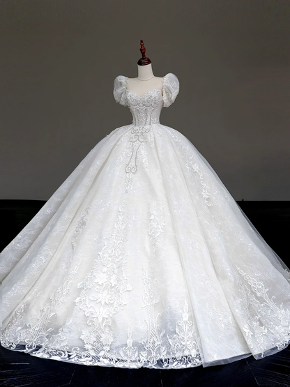 Princess Bridal Gown Ball Gown Sweetheart Lace White Beads Wedding Dresses With Sleeves Bridal Gowns DP848