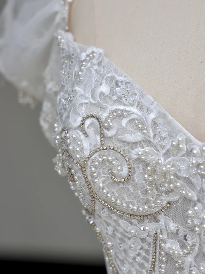 Princess Bridal Gown Ball Gown Sweetheart Lace White Beads Wedding Dresses With Sleeves Bridal Gowns DP872