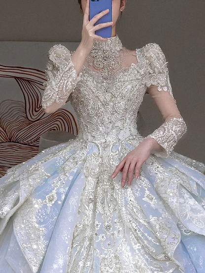 Princess Bridal Gown Ball Gown High Neckline Blue Sequin Beads Wedding Dresses Bridal Gowns DP853
