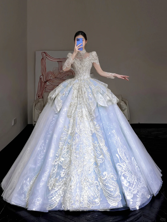 Princess Bridal Gown Ball Gown High Neckline Blue Sequin Beads Wedding Dresses Bridal Gowns DP853