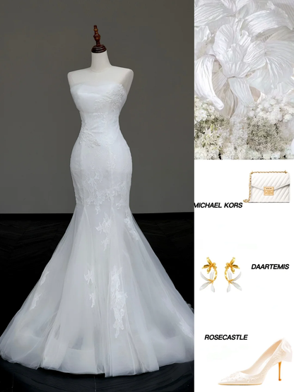 Simple Bridal Gown Mermaid Strapless Lace White Wedding Dresses Minimalist Bridal Gowns DP854