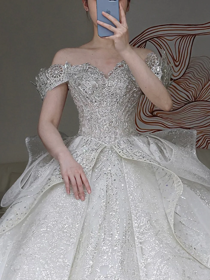 Classy Elegant Ball Gown Off The Shoulder Sequin White Short Sleeves Wedding Dress Winter Brides Dress DP855