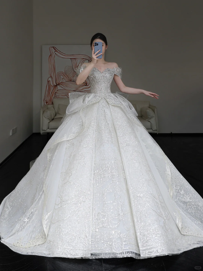 Classy Elegant Ball Gown Off The Shoulder Sequin White Short Sleeves Wedding Dress Winter Brides Dress DP855