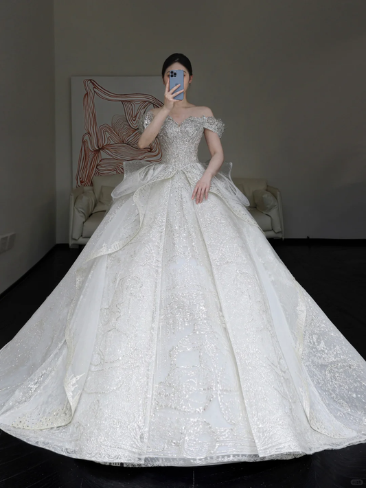 Classy Elegant Ball Gown Off The Shoulder Sequin White Short Sleeves Wedding Dress Winter Brides Dress DP855