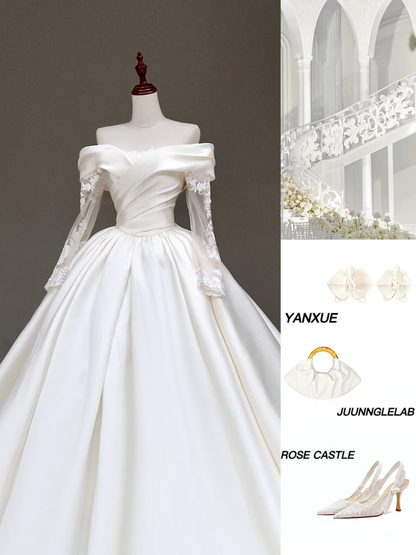 Timeless Bridal Gown Ball Gown Off The Shoulder Satin Long Sleeves Wedding Dresses Bridal Gowns DP856