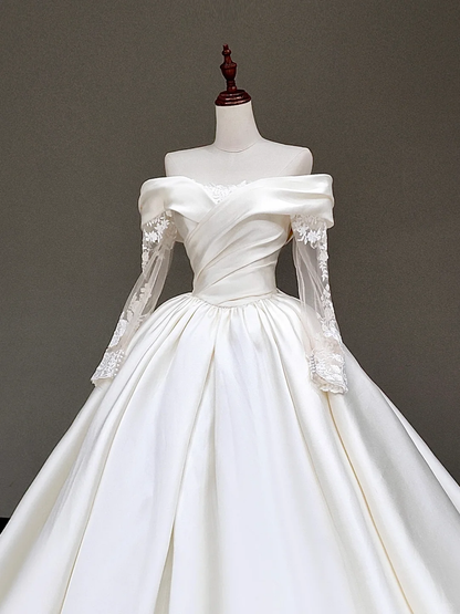 Timeless Bridal Gown Ball Gown Off The Shoulder Satin Long Sleeves Wedding Dresses Bridal Gowns DP856