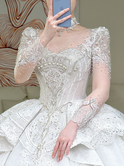 Princess Bridal Gown Ball Gown Scoop Neckline White Sequin Beads Wedding Dresses Winter Bridal Gowns DP859