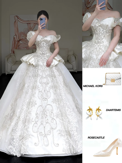 Princess Bridal Gown Ball Gown Off The Shoulder White Sequin Beads Wedding Dresses Winter Bridal Gowns DP861