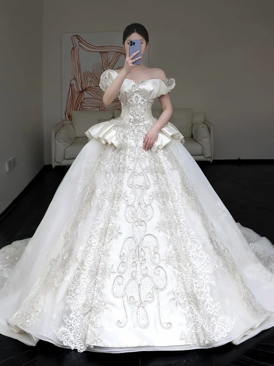 Princess Bridal Gown Ball Gown Off The Shoulder White Sequin Beads Wedding Dresses Winter Bridal Gowns DP861