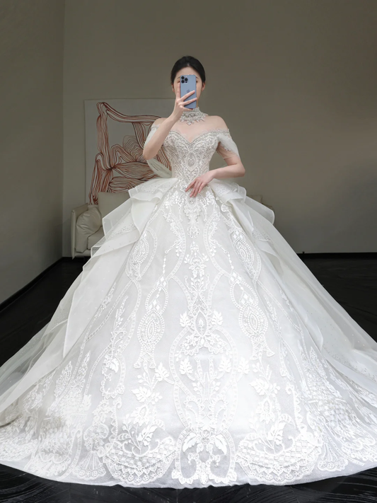 Princess Bridal Gown Ball Gown Off The Shoulder White Sequin Beads Wedding Dresses Winter Bridal Gowns DP863