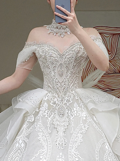Princess Bridal Gown Ball Gown Off The Shoulder White Sequin Beads Wedding Dresses Winter Bridal Gowns DP863