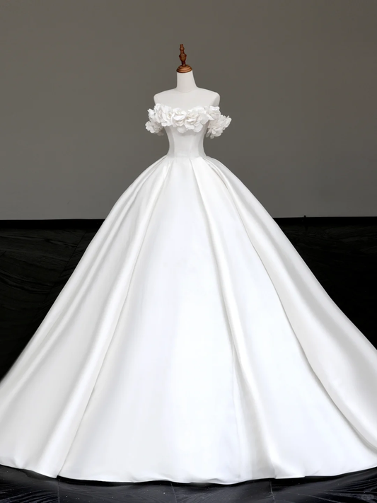 Princess Bridal Gown Ball Gown Off The Shoulder White Satin Wedding Dresses Winter Bridal Gowns DP869