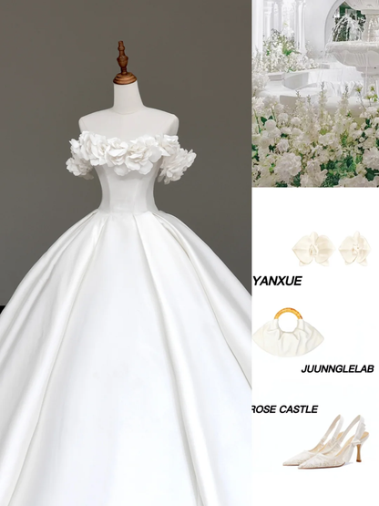 Princess Bridal Gown Ball Gown Off The Shoulder White Satin Wedding Dresses Winter Bridal Gowns DP869