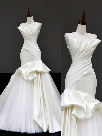 Simple Bridal Gown Mermaid Strapless Satin White Wedding Dresses Minimalist Bridal Gowns DP870
