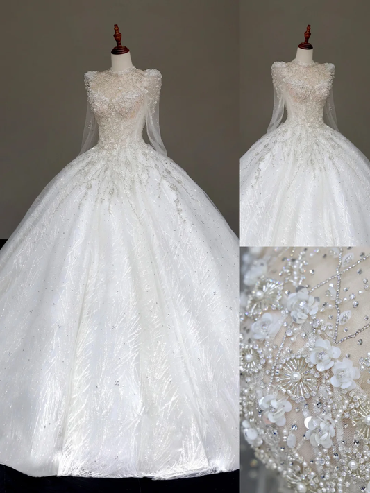 Princess Bridal Gown Ball Gown High Neckline White Sequin Beads Wedding Dresses Winter Bridal Gowns DP871