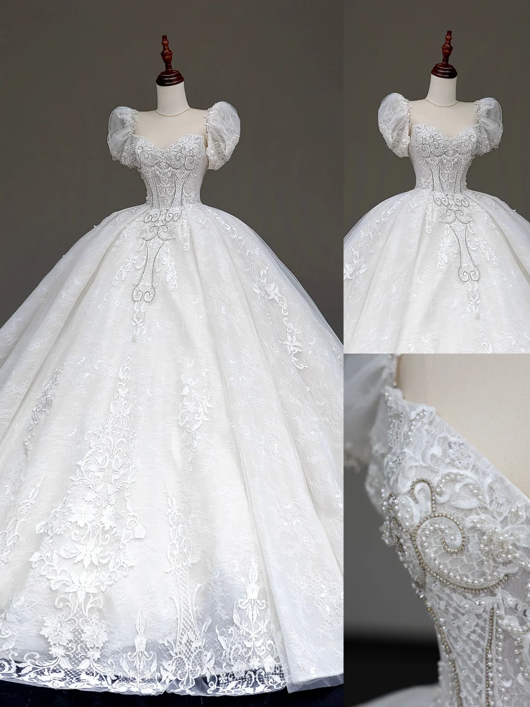 Princess Bridal Gown Ball Gown Sweetheart Lace White Beads Wedding Dresses With Sleeves Bridal Gowns DP872