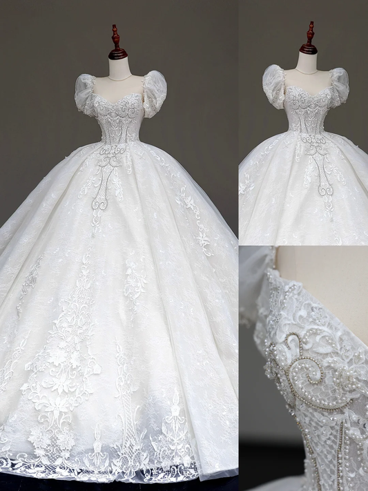 Princess Bridal Gown Ball Gown Sweetheart Lace White Beads Wedding Dresses With Sleeves Bridal Gowns DP872