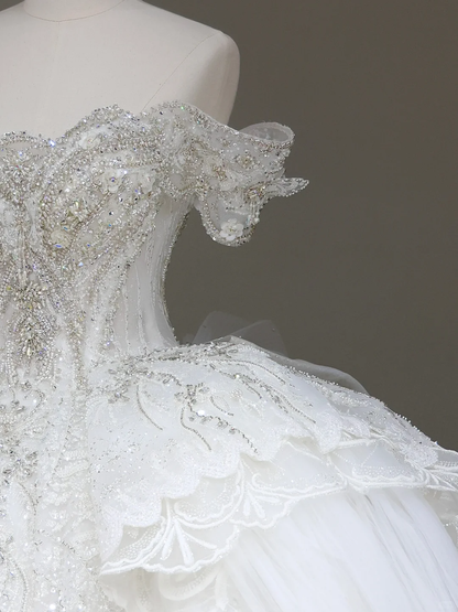 Princess Bridal Gown Ball Gown Off The Shoulder White Sequin Beads Wedding Dresses Winter Bridal Gowns DP875