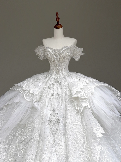 Princess Bridal Gown Ball Gown Off The Shoulder White Sequin Beads Wedding Dresses Winter Bridal Gowns DP875
