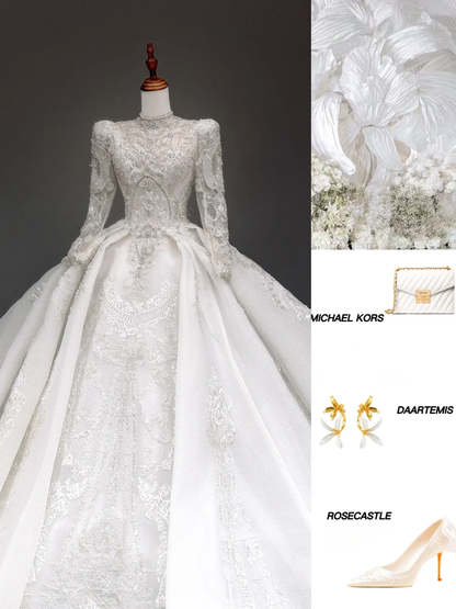 Princess Bridal Gown Ball Gown High Neckline White Sequin Beads Wedding Dresses Winter Bridal Gowns DP880