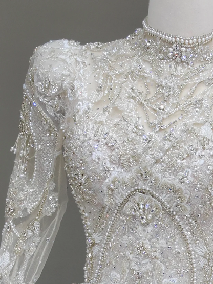 Princess Bridal Gown Ball Gown High Neckline White Sequin Beads Wedding Dresses Winter Bridal Gowns DP880