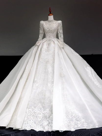 Princess Bridal Gown Ball Gown High Neckline White Sequin Beads Wedding Dresses Winter Bridal Gowns DP880