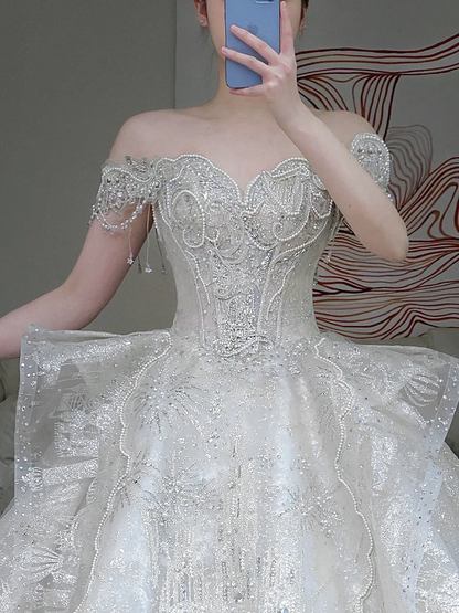 Princess Bridal Gown Ball Gown Strapless White Sequin Beads Wedding Dresses Bridal Gowns DP884